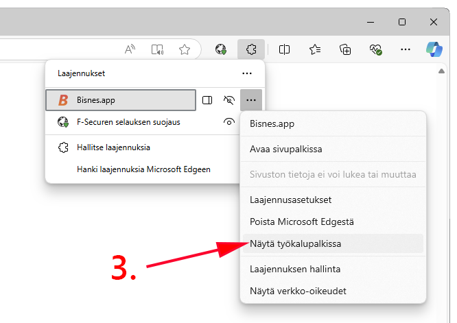 Edge-selaimen Laajennukset valikon kiinnitys
