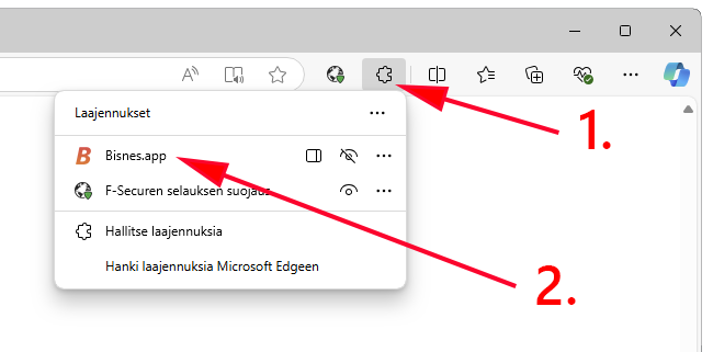 Edge-selaimen Laajennukset valikko