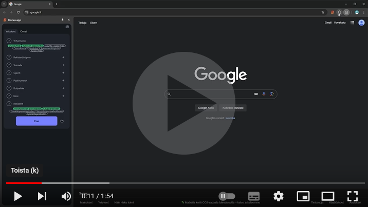 Katso Bisnes.app selainlaajennuksen esittelyvideo Youtubessa